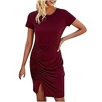 Women's Bohemian Swing Casual Summer Short Sleeve Knee Length Flowy Solid Color Beach Round Neck Trendy Dress
