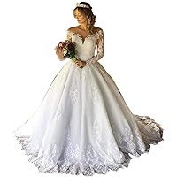 Melisa Women’s Long Sleeves V-Neck Lace Beach Wedding Dresses for Bride Train Tulle Bridal Ball Gowns