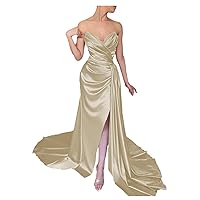 Fashion Mermaid Long Evening Dresses Fascinating V Neck Sleeveless Satin Summer Tie Waist Dress Champagne 6