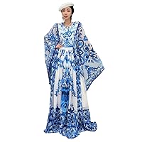 Chinese Style Trend Blue and White Porcelain Print Loose Long Vintage Dress Causal Large Thin Soft Dress