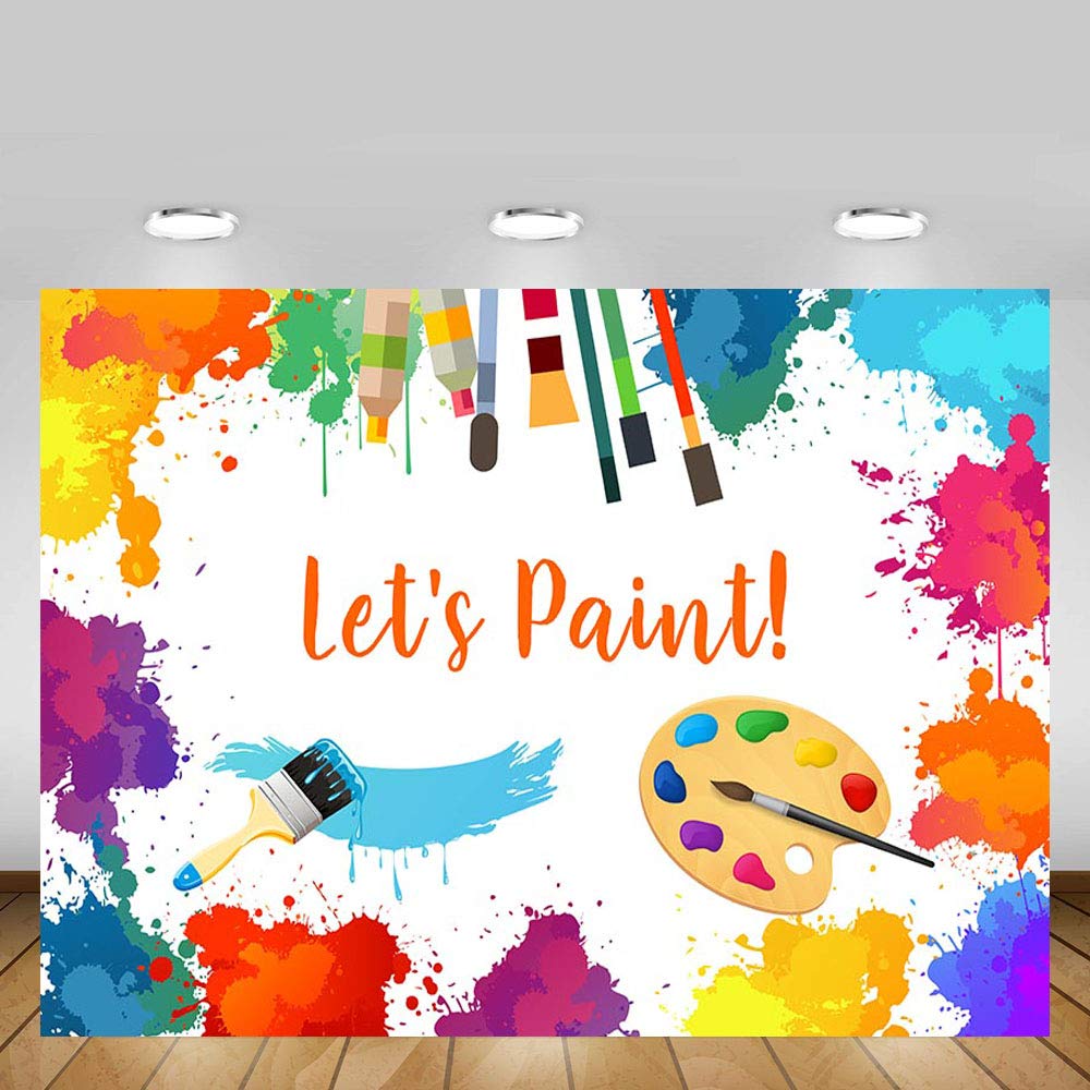 MEHOFOTO Let's Paint Birthday Party Photo Backdrop Props Painting Dress for a Mess Splatter Art Party Colorful Graffiti Wall Brush Photography Background Banner for Cake Table Supplies 7x5ft