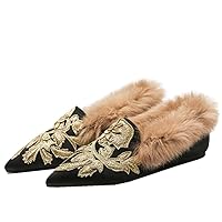 Slip On Loafers, Womens Embroidery Mule Shoes with Plush Lamb Fur Velvet Backless Pointed Toe Mule Slide