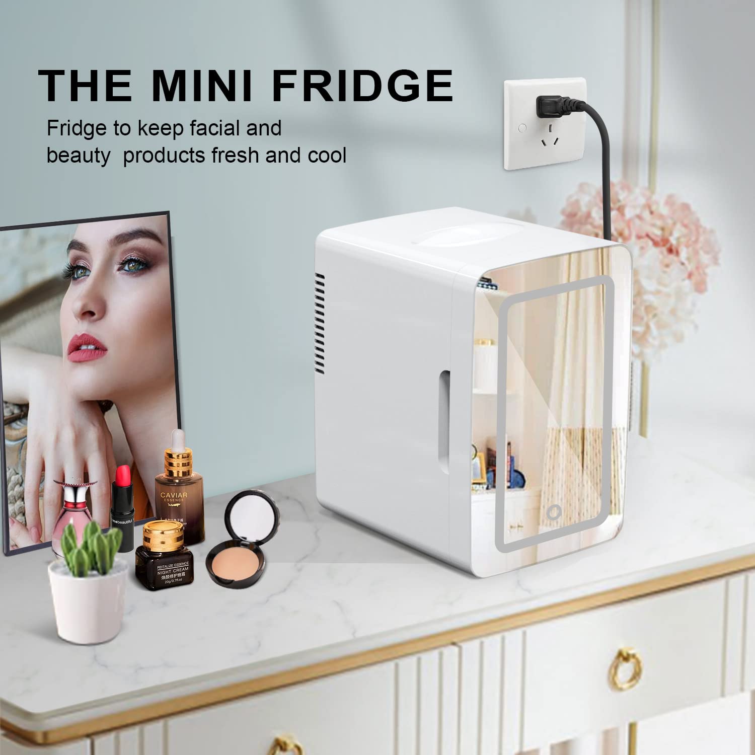 Living Enrichment Mini Fridge 6L Capacity, Portable Small Refrigerator Cooler or Warmer, AC DC Powered, Skincare Fridge with Mirror Door, for Food, Cosmetics, Home, Office and Car - White