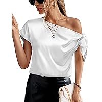 Women's 2024 Off Shoulder Satin Tops Elegant Casual Short Sleeve Asymmetrical Neck Silk Blouses Shirts