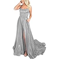 Women's Long Glitter Prom Dresses with Pockets Side Slit Formal Evening Gowns