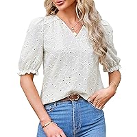 JASAMBAC Women's Summer Dressy Casual Blouses 2024 Hollowed Out Tops V Neck Half Sleeves Lace Embroidered Blouses Shirts