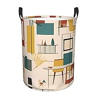 Mid Century Modern Print Laundry Basket for Bathroom Laundry Hamper with Handles Collapsible Circular Hamper Waterproof Dirty Clothes Hamper Organizer Basket