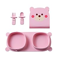 Toddler Plates Travel Essential on the go,Baby Plates with Forks and Spoons Self Feeding 6 months,Foldable,Silicone,BPA Free,Pink Bear
