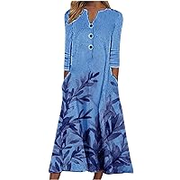 Women's 2023 Fall Dresses Casual Long Sleeve Round Neck Floral Printed Midi Dress Vintage Pocket Dress
