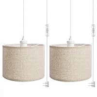 2 Pack Plug in Pendant Light, Hanging Light with Plug in 15FT Clear Cord, Beige Linen Shade, On/Off Switch, Ceiling Light for Bedroom, Living Room, Dining Table, Basement