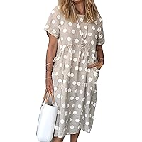 Alsoto Womens Casual Dresses Summer Polka Dot Short Sleeve Tunic Midi Dress with Pockets