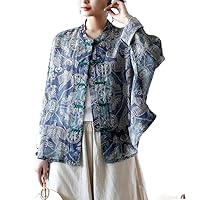 Women's Linen Bat Sleeve Chinese Shirt Round Neck Floral Blouse Chinese Style Tops