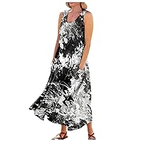 COTECRAM Summer Dresses for Women 2023 Casual Loose Sundress Linen Long Dress Fashion Sleeveless Beach Dress with Pockets