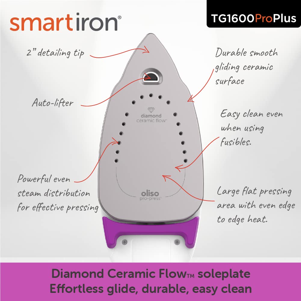 Oliso TG1600 Pro Plus 1800 Watt SmartIron with Auto Lift | Diamond Ceramic-Flow Soleplate Steam Iron (Orchid) + Oliso Carry Bag for full-size irons
