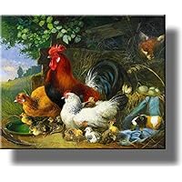 Village Rooster and Chickens Picture on Stretched Canvas, Wall Art Décor, Ready to Hang!