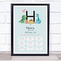 The Card Zoo New Baby Birth Details Christening Nursery Dinosaur Initial H Gift Print