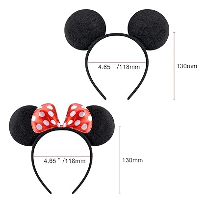 20 Pack Mouse Ears Solid Black and Red Bow Headband for Mouse Themed Birthday Party Supplies