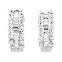 Baguette and Round Diamond Earrings 14K White Gold with Omega Comfort Fit Back 1.78 Carats