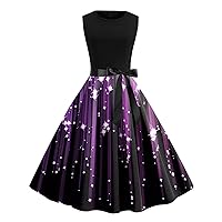 XJYIOEWT Vintage Plus Size Dresses for Women,Womens Summer Round Neck Sleeveless Print Vintage Rockabilly Swing Dress Co