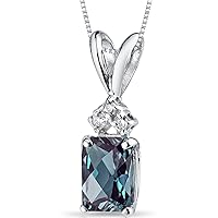 PEORA 14K White Gold Created Alexandrite with Genuine Diamond Pendant, Color-Changing Solitaire, Radiant Cut, 7x5mm, 1.25 Carats total