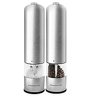 OVENTE Electric Stainless Steel Tall Sea Salt and Pepper Grinder Set with Ceramic Blade, Battery Operated Adjustable Coarseness Salt & Pepper Mill Automatic One Handed Touch, Pack of 2 Silver SPD112S