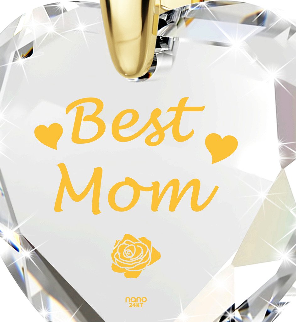 Gold Plated Best Mom Necklace - Heart Pendant Inscribed in 24k Gold on Cubic Zirconia, 18