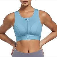Women's Sports Bra Full-Coverage Wireless Post Surgery Bra Zip Front High-Impact Yoga T-Shirt Bra for Workout Fitness