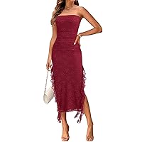 MEROKEETY Women's 2024 Strapless Bodycon Tube Dress Sexy Floral Lace Ruffle Slit Wedding Guest Cocktail Midi Dresses