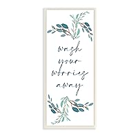 Stupell Industries Wash Your Worries Away Bathroom Phrase Blue Plants, Designed by Kim Allen Wall Plaque, 7 x 17