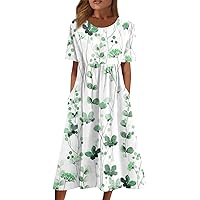 Summer Dresses for Women 2024 Casual Printed Midi Dresses Round Neck Beach Short Sleeve Loose Dresses