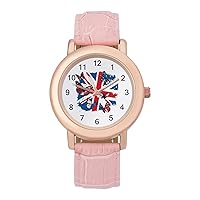 Butterfly UK Flag Women's Watches Classic Quartz Watch with Leather Strap Easy to Read Wrist Watch