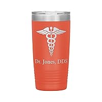 Personalized Dentist Tumbler With Name - Dentist Gift - 20oz Insulated Engraved Stainless Steel DDS Cup Coral