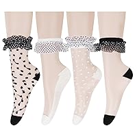 Women Ruffle Sheer Socks Girls Thin Transparent Bowknot Lace Socks Nylon See Through Mesh Crew Socks Mother's Day Gift
