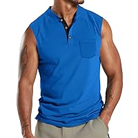 Men's Casual Sleeveless Henley Shirts Summer Beach Solid Color Tank Tops Loose Fit Lightweight Tee with Pocket