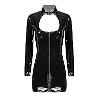 Women's Wet Look PVC Leather Keyhole Bodycon Dress Long Sleeve Zipper Nightclub Dresses