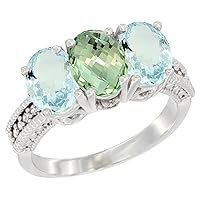 14K White Gold Natural Green Amethyst & Aquamarine Ring 3-Stone Oval 7x5 mm, sizes 5 - 10
