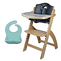 Abiie Beyond Junior Natural Wood/Black Cushion Convertible 3-in-1 Wooden High Chairs for 6 Months to 250 lbs, and Ruby Wrapp Baby Blue Waterproof Silicone Bibs with Front Pocket - Baby Essentials