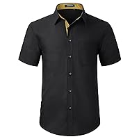 HISDERN Mens Dress Shirts Short Sleeve Regular Fit Casual Button Down Shirt Inner Contrast Business Formal Pocket Shirt