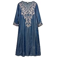 A-Line Women Long Mid-Calf Full Sleeve Denim Spring Chinese Style Embroidery V-Neck Dresses