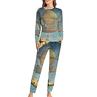 Steampunk Gold Moon And Vessel Womens Pajama Sets Long Sleeve Top And Pants Soft Comfortable Sleepwear Loungewear Set