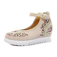 Women and Ladies Flower Embroidered Wedge Platform Mary-Jane Shoes Sandals Beige