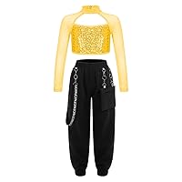 FEESHOW Kids 2Pcs Tracksuit Girls Long Sleeve Shiny Crop Top with Loose Cargo Pants Outfits for Hip Hop Sports Dancewear