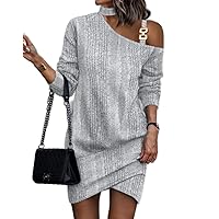 Women’s One Sided Cold Shoulder Mini Dress Long Sleeve Mock Neck Sexy Bodycon Cocktail Short Dress