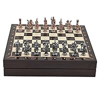 Metal Chess Set for Adults Historical Rome Antique Copper Figures,Handmade Pieces and Different Design Wooden Chess Board with Storage (Walnut)