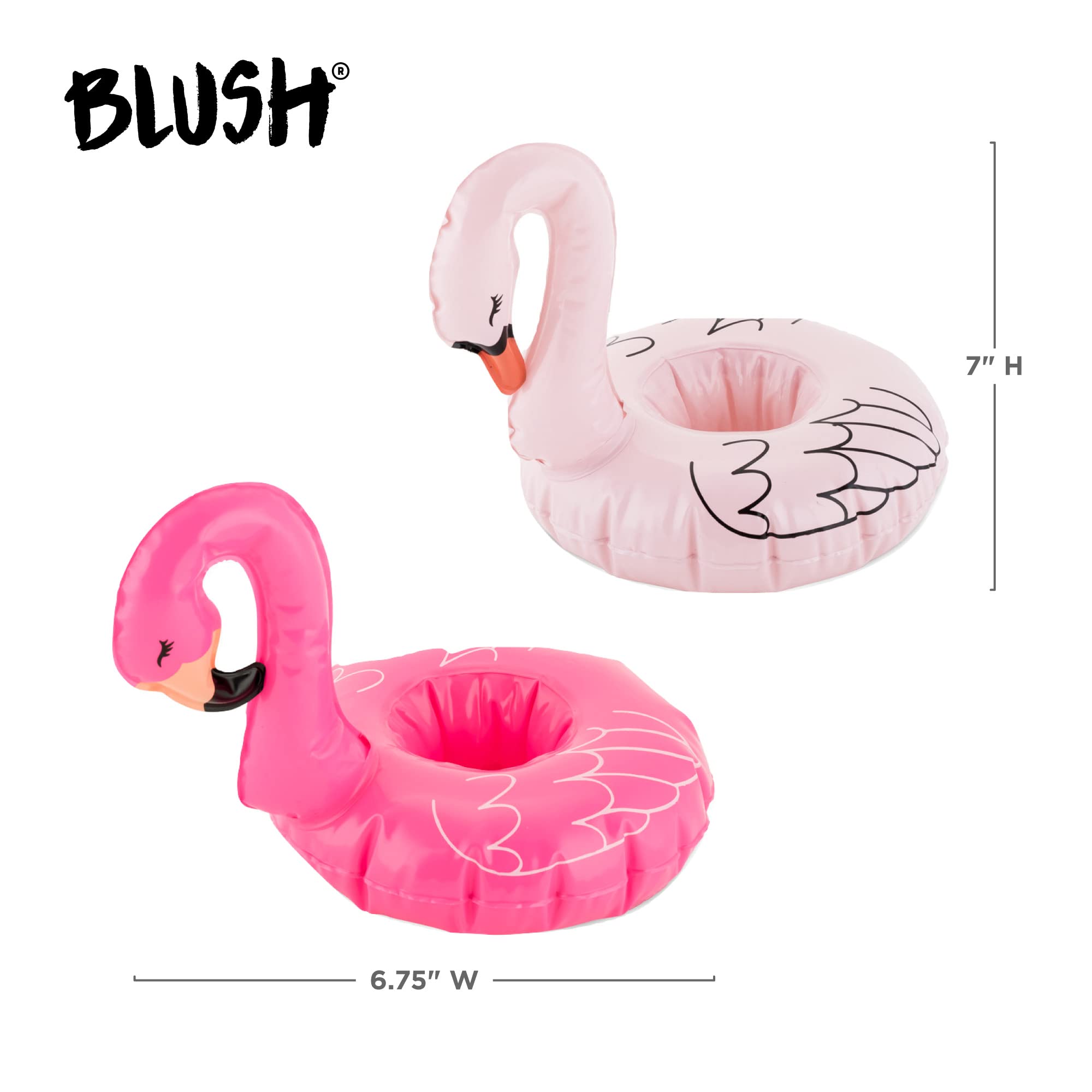 Blush Flock Drink Floaties for Standard Cups and Cans Pool Party or Beach Bird Inflatables, Pink Flamingo and Swan, Set of 2
