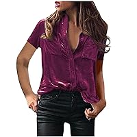 Womens Vintage Velvet Top Summer Casual Tops Shorts Sleeve Button Down Shirts Loose Fit Work Blouses with Pockets