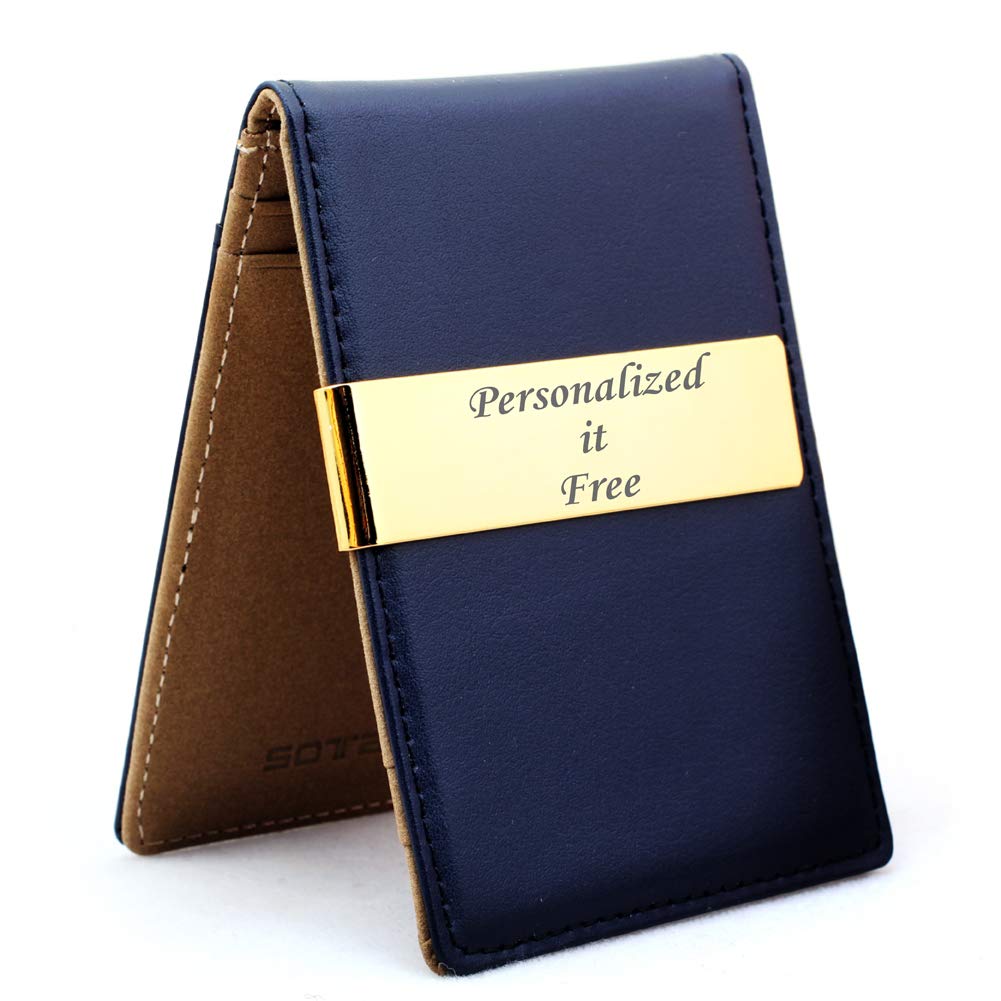 Sotania - Personalized 24K Gold Genuine Leather Money Clips Mens Wallets slim Front Pocket Card Holder Gift for Mens Groomsmen Gift (Navy_Blue)