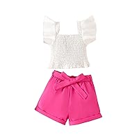 MakeMeChic Girl's 2 Piece Outfits Casual Ruffle Sleeve Square Neck Shirred Summer Tops and Belted Shorts Sets