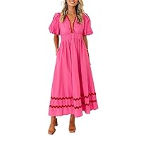 Womens Spring Summer Dresses Puff Short Sleeve V Neck Maxi Dress Boho Midi Dress Beach Long Sundress