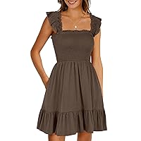 Women's Square Neck Striped Smocked Dress Ruffled Cap Sleeves Dress A Line Maxi Formal Dress Women's Summer Casual Flowy Smocked V Neck Flutter Sleeve Beach Mini Teen Dress with Pockets